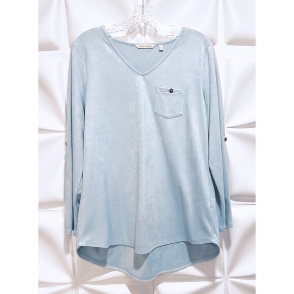 Soft Surroundings Sz S Blue Faux Suede Leather Tunic Top Blouse V Neck Roll Tab - Picture 4 of 9